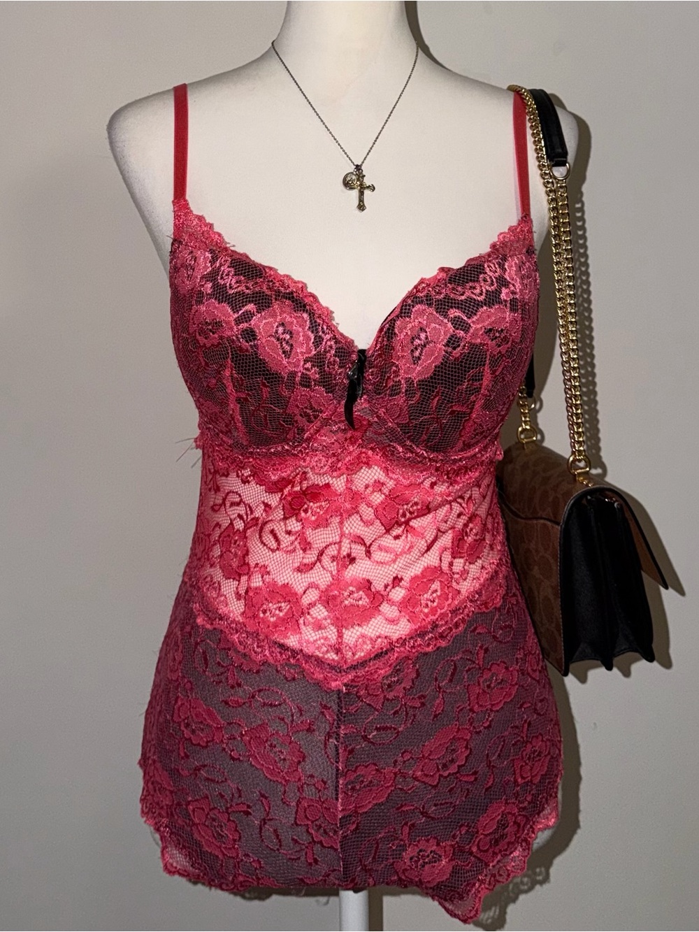 2000s vintage whimsical pink and black lace floral bodysuit